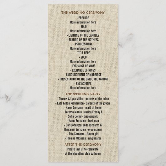 Rustieke hoefijzer huwelijksprogramma's programma (Achterkant)