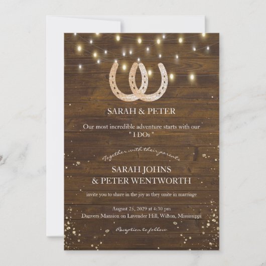 Rustieke Hoefijzer String Lights All-in-One Weddin Kaart (Voorkant)