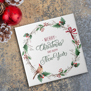 Rustieke Holly Berry krans met Vogelvakantie Tegeltje