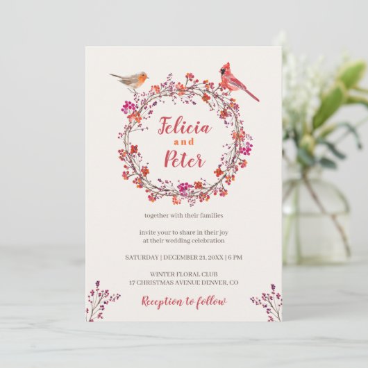 Rustieke Holly Berry krans vogels Kerst bruiloft Kaart (Staand voorkant)