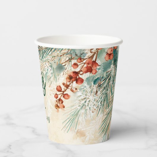 Rustieke Holly en Pine Kerstmis Papieren Bekers (Achterkant)