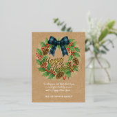 Rustieke Holly Krans Blauw Zwart Geruite Boog Folie Feestdagen Briefkaart (Staand Voorkant)