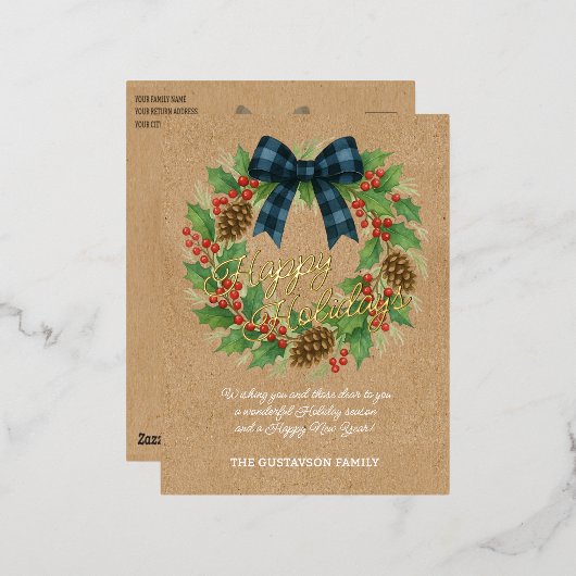 Rustieke Holly Krans Blauw Zwart Geruite Boog Folie Feestdagen Briefkaart (Voorkant / Achterkant)