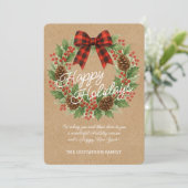 Rustieke Holly Krans Rood Zwart Geruite Boog Feestdagenkaart (Staand voorkant)