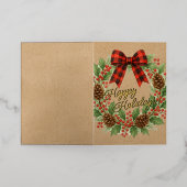 Rustieke Holly Krans Rood Zwart Geruite Boog Goud Folie Feestdagenkaart (Buiten Laag)