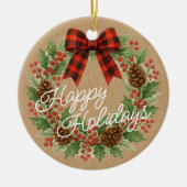 Rustieke Holly Krans Rood Zwart Geruite Boog Keramisch Ornament (Voorkant)