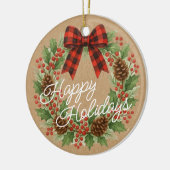 Rustieke Holly Krans Rood Zwart Geruite Boog Keramisch Ornament (Links)