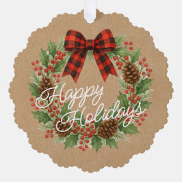 Rustieke Holly Krans Rood Zwart Geruite Boog Ornament Kaart