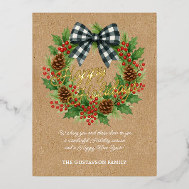 Rustieke Holly Krans Wit Zwart Geruite Boog Goud Folie Feestdagen Briefkaart