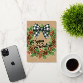 Rustieke Holly Krans Wit Zwart Geruite Boog Goud Folie Feestdagenkaart