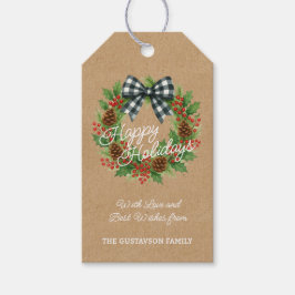 Rustieke Holly Krans Witte Zwarte Geruite Boog Cadeaulabel