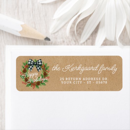 Rustieke Holly Krans Witte Zwarte Geruite Boog Etiket (Insitu)