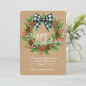 Rustieke Holly Krans Witte Zwarte Geruite Boog Feestdagenkaart (Staand voorkant)