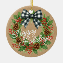 Rustieke Holly Krans Witte Zwarte Geruite Boog Keramisch Ornament