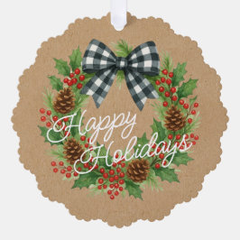 Rustieke Holly Krans Witte Zwarte Geruite Boog Ornament Kaart