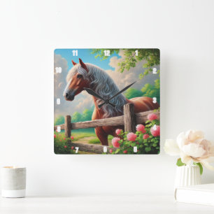 Rustieke Horse Meadow Vibrant Countryside Vierkante Klok