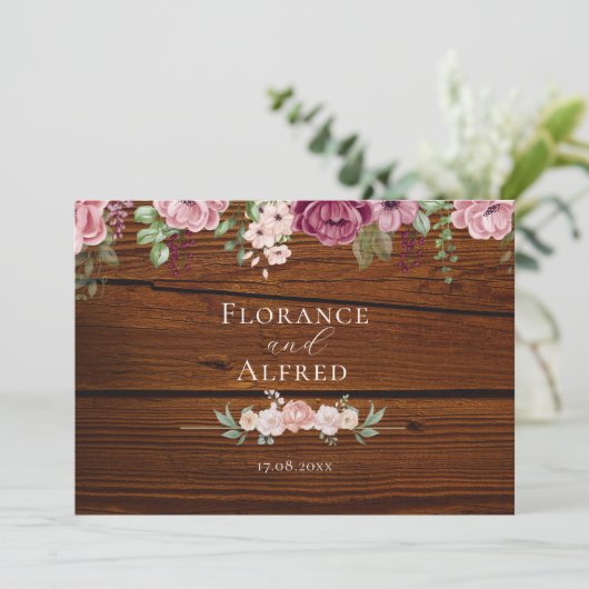 Rustieke hout bloemrijke elegante witte maroon tro save the date (Staand voorkant)