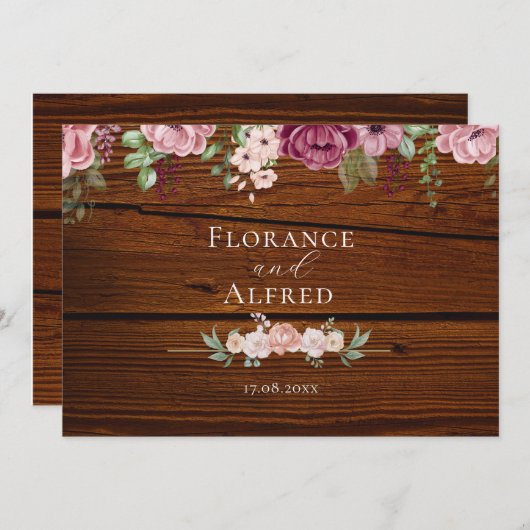 Rustieke hout bloemrijke elegante witte maroon tro save the date (Voorkant / Achterkant)