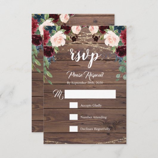 Rustieke hout Bourgondische bloemen RSVP-kaart RSVP Kaartje (Voorkant / Achterkant)