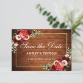 Rustieke Hout Burgundy Bloem Boho Bewaar De Datum Save The Date (Staand voorkant)