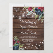 Rustieke Hout Burgundy Bloem Lichtjes Bruiloft Kaart (Voorkant)