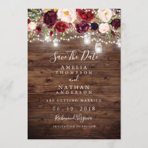Rustieke Hout Burgundy Bloem Lichtjes Save The Dat Date