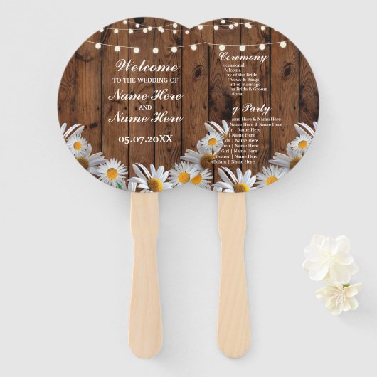 Rustieke hout Daisy bruiloft programma Hand Fan Handwaaier (Voorkant en achterkant)