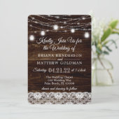 Rustieke hout en kant Mason Jar Lights Bruiloft Kaart (Staand voorkant)