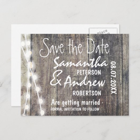 Rustieke hout en string lichten opslaan de datum aankondigingskaart (Voorkant / Achterkant)