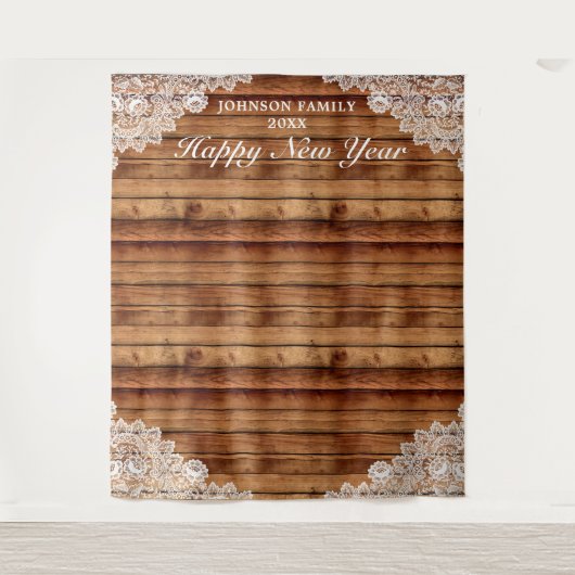 Rustieke hout en witte kant Nieuwjaarsfotobehang Wandkleed (Voorkant)