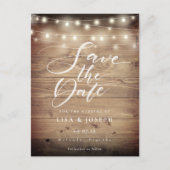 Rustieke hout slingerlichtjes script save the date briefkaart (Voorkant)