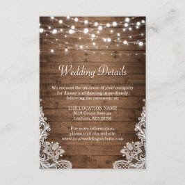 Rustieke hout twinkellichten kant trouwdetails informatiekaartje