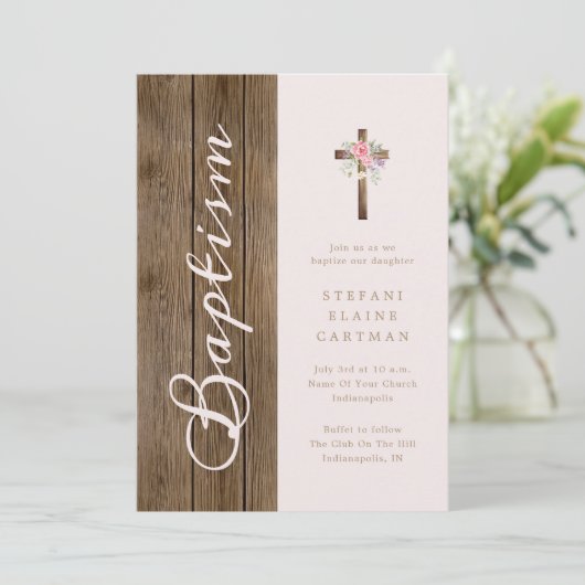 Rustieke Hout & Zachte Roze Doop Kaart (Staand voorkant)