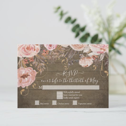 Rustieke Houten Bloem Roze Roos Goud RSVP Reactie (Staand voorkant)