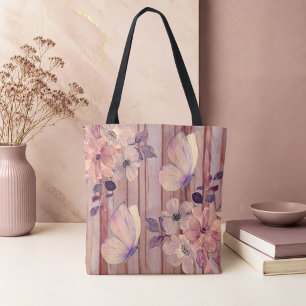 Rustieke houten bloemen en vlinders draagtas