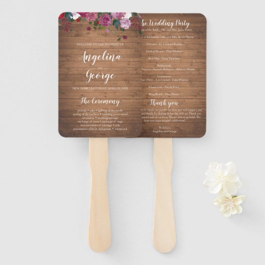 Rustieke houten bloemige trouwprogramma waaier (Voorkant en achterkant)