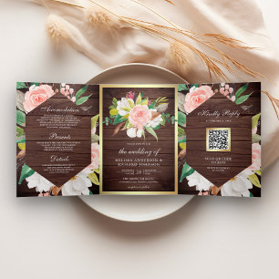 Rustieke Houten Blozende Roze Bloemen Gouden QR Co Drieluik Uitnodiging