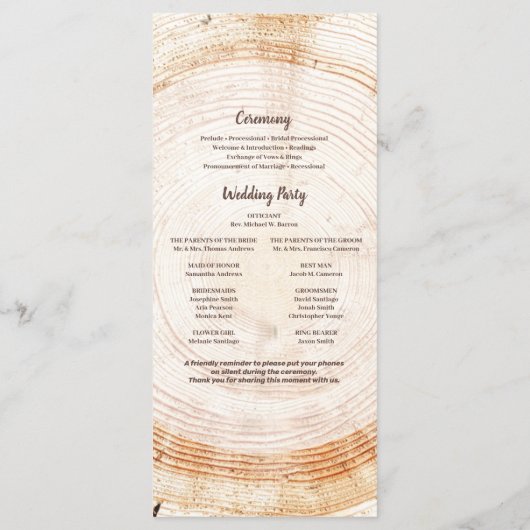 Rustieke Houten Boom Bast Custom Names Wedding Par Programma (Achterkant)