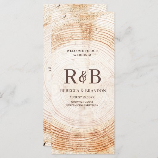 Rustieke Houten Boom Bast Custom Names Wedding Par Programma (Voorkant / Achterkant)