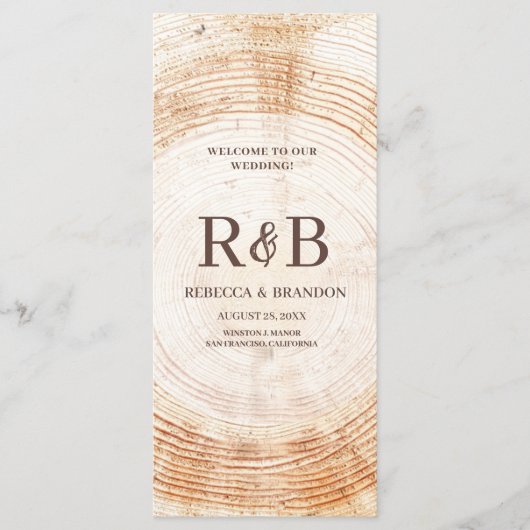 Rustieke Houten Boom Bast Custom Names Wedding Par Programma (Voorkant)