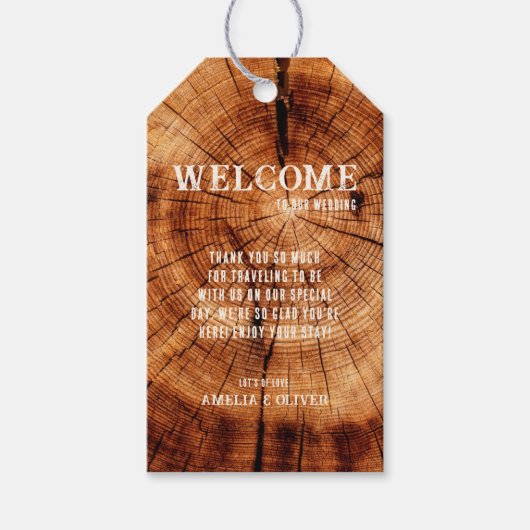 Rustieke Houten Boom Slice Monogram Bruiloft Welko Cadeaulabel (Voorkant)