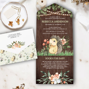 Rustieke houten bos charmante egel baby shower all in one uitnodiging