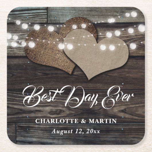 Rustieke houten burlap string verlichting bruiloft vierkante kartonnen onderzetter (Voorkant)