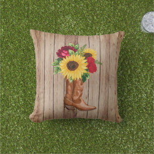 Rustieke Houten Cowgirl Laarzen Zonnebloemen Rode Buitenkussen