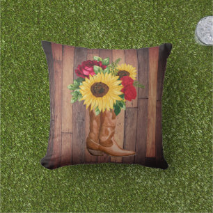 Rustieke Houten Cowgirl Laarzen Zonnebloemen Rozen Buitenkussen