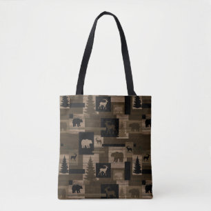 Rustieke houten eland beer patroon over print tas