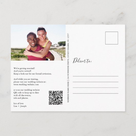 Rustieke houten foto QR-code save the date Briefkaart (Achterkant)
