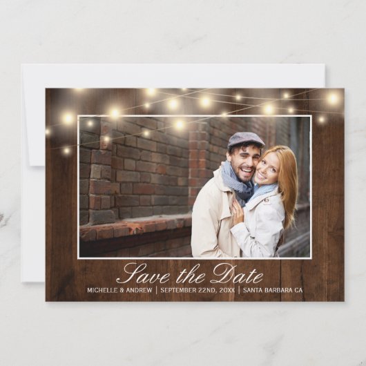 Rustieke houten foto string lichten | De datum ops Save The Date (Voorkant)