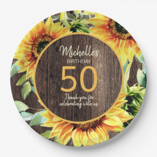 Rustieke Houten Gele Zonnebloemen 50ste Verjaardag Papieren Bordje