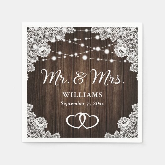 Rustieke Houten Harten Kant String Lights Bruiloft Servet (Voorkant)